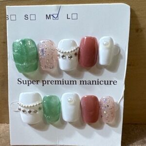 Super Premium Manicure Press On Nails Size Medium Multi Color Rhinestone Pearl